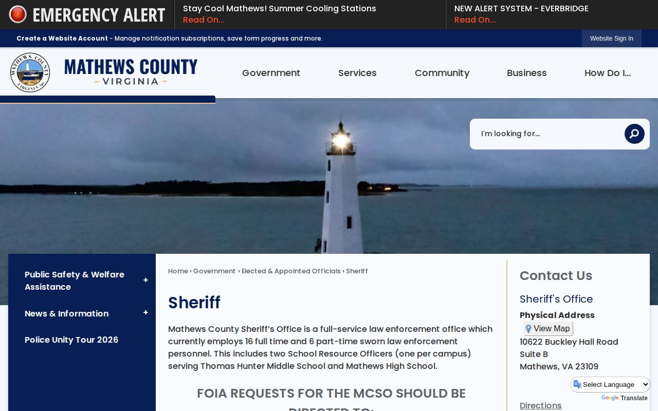 Mathews County Sheriff's Office contact-page screenshot